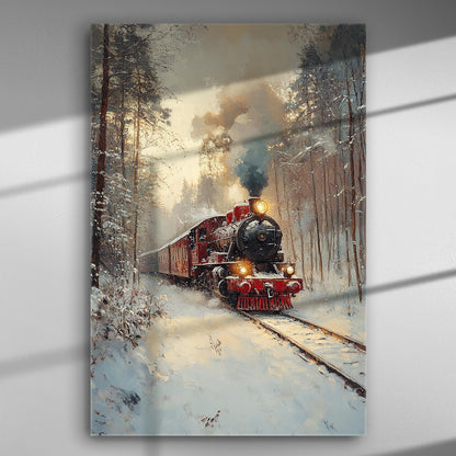 Old steam train in a snowy forest landscape canvas print.