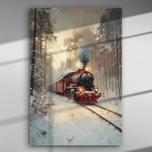 Old steam train in a snowy forest landscape canvas print.