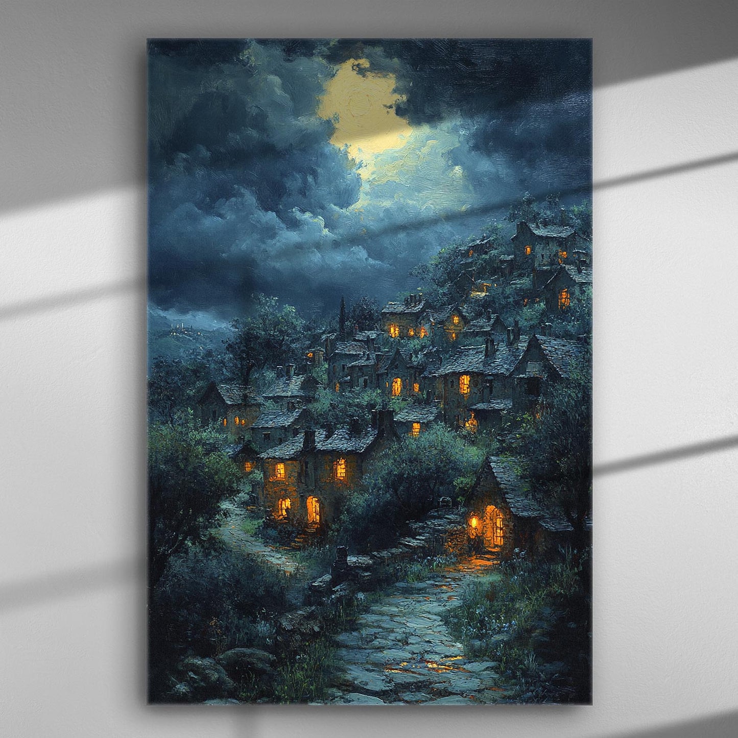 A mystical night village scene with moonlight and lit houses.