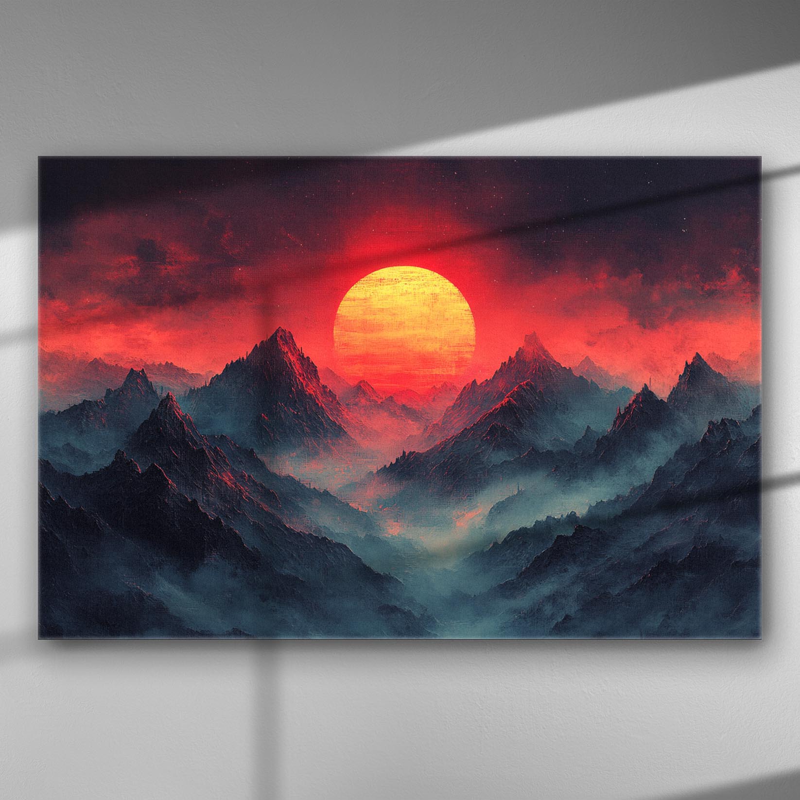 A stunning sunrise over dark mountains with vivid red and orange colors in a dream-like landscape canvas print.