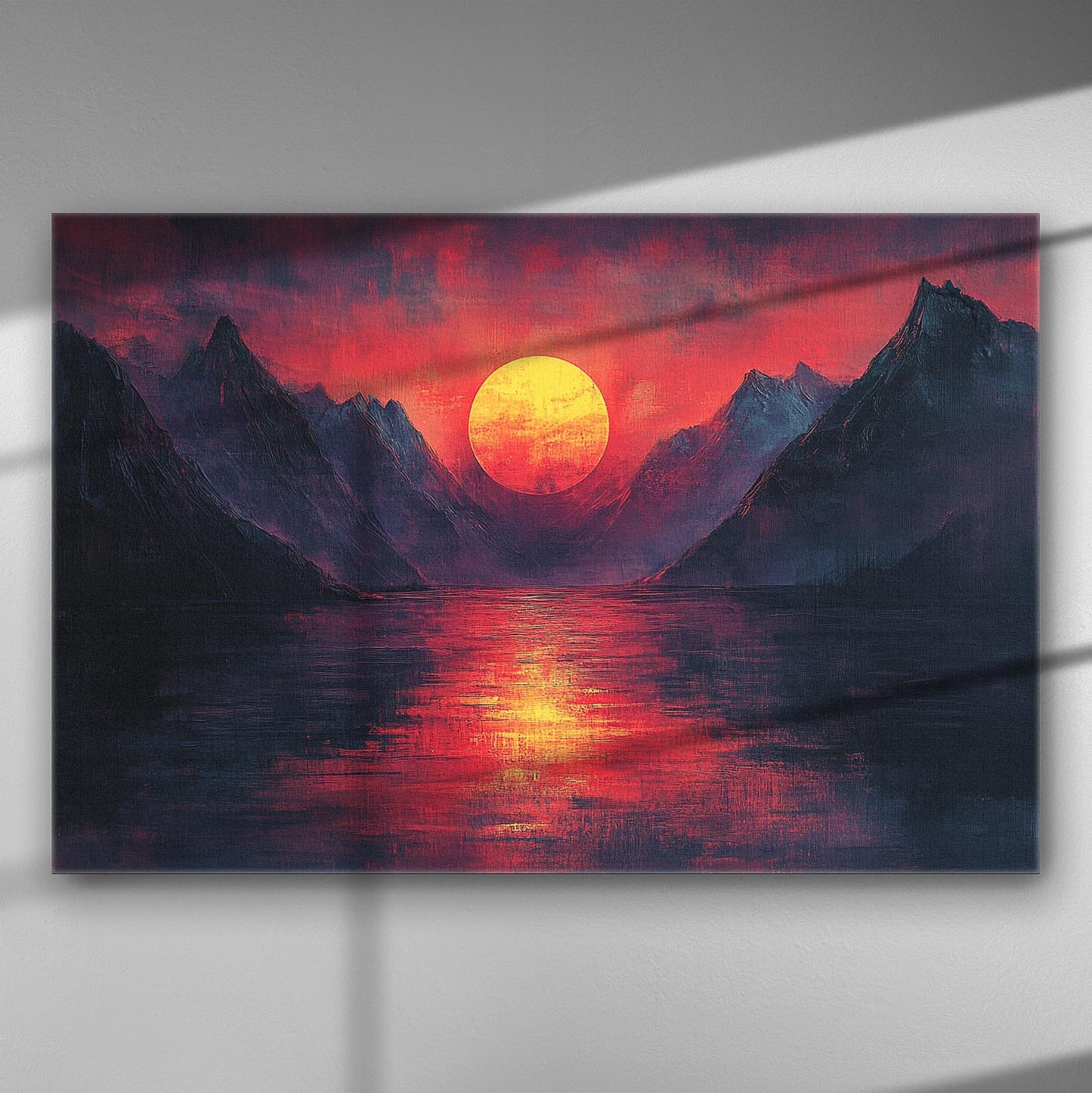 A sunset over mountain peaks with vivid red and blue colors on canvas.