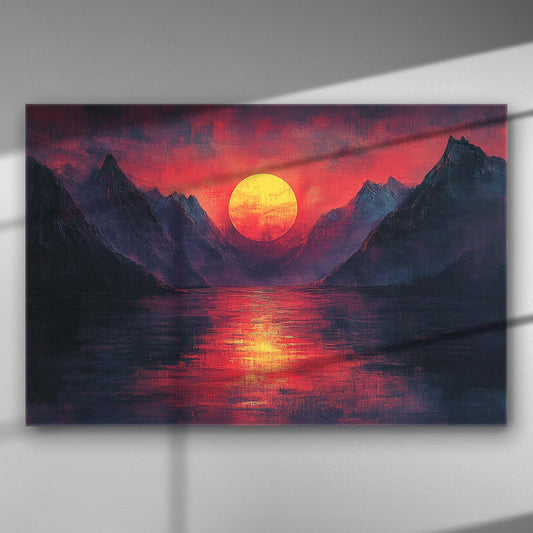 A sunset over mountain peaks with vivid red and blue colors on canvas.