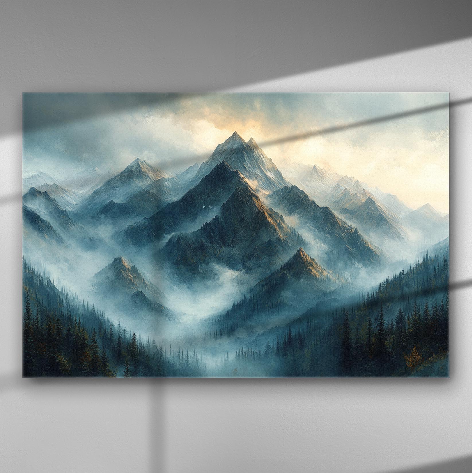 Mountain landscape with mist and sunlight casting shadows on peaks, printed on canvas.