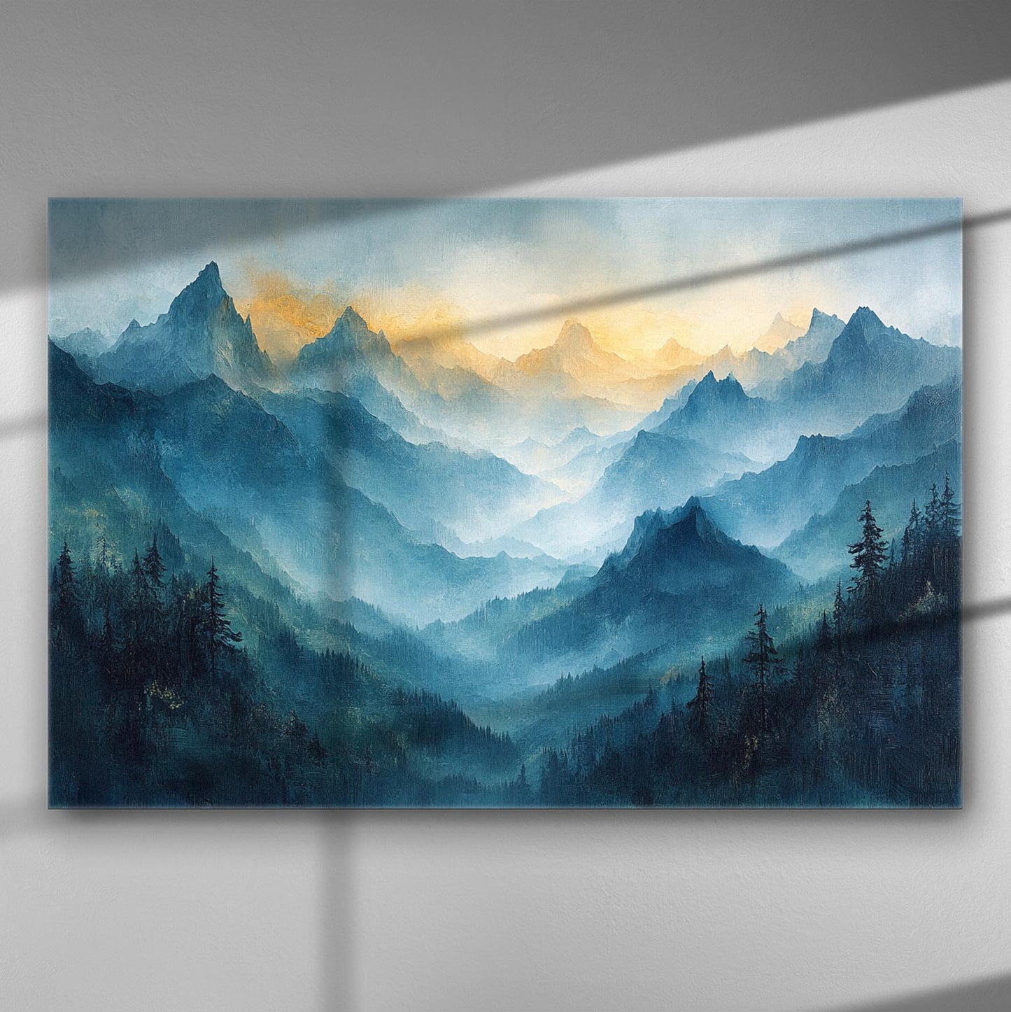 A dreamy mountain range with blue hues and a golden sunset, depicted on a canvas.