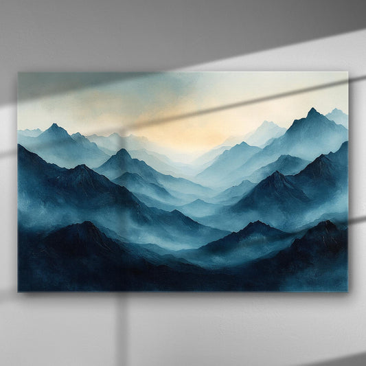 Mountain landscape with misty blue and gray hues on a canvas print.