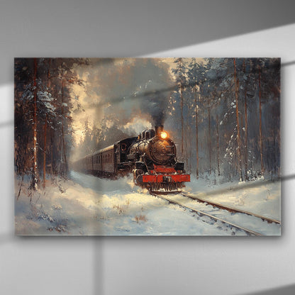 Steam locomotive in a snowy forest setting, art canvas print.