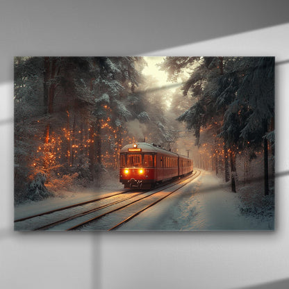 A red train travels through a snowy forest with twinkling lights on the trees.