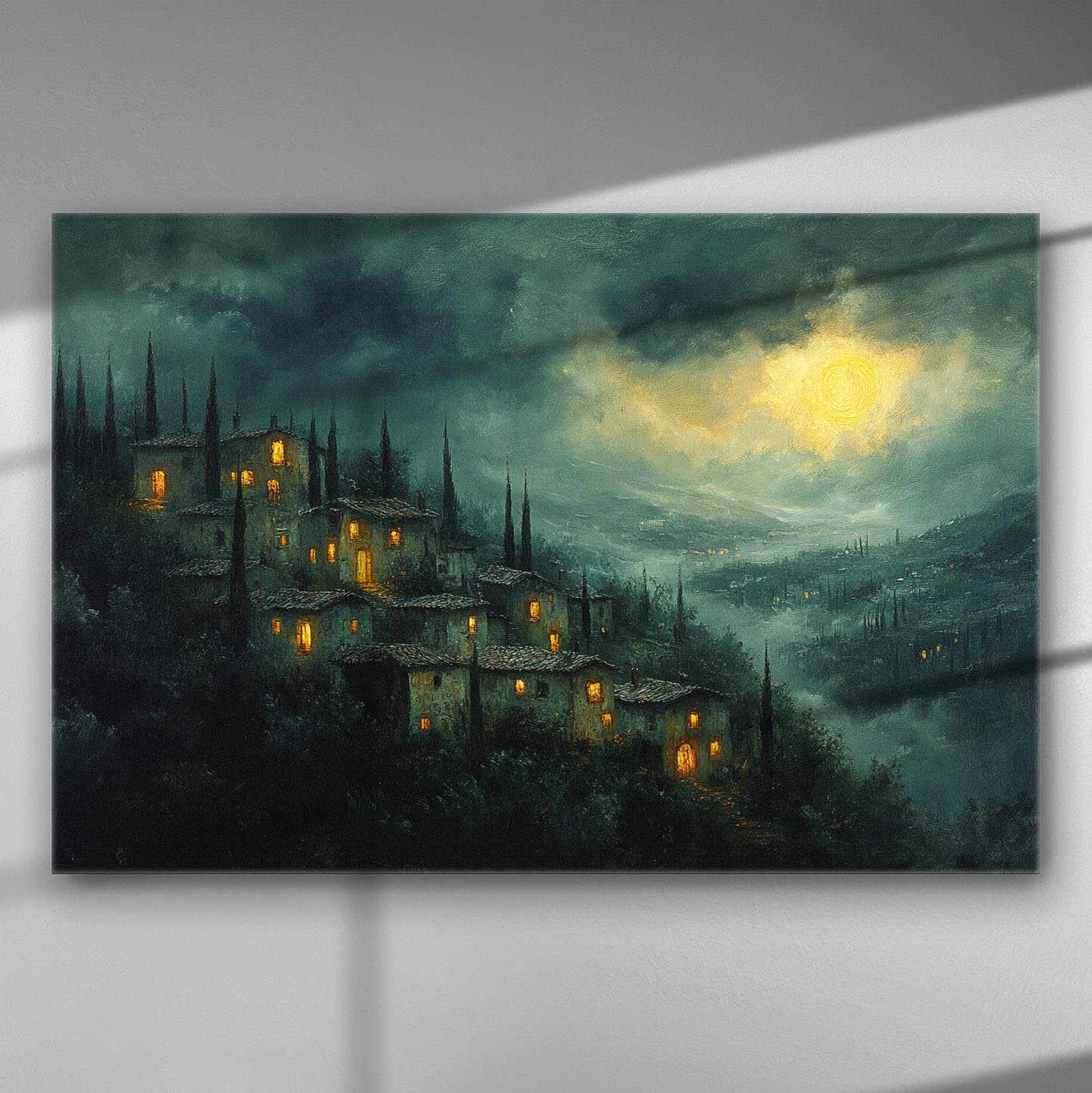 Night landscape with illuminated houses and a moonlight sky on canvas