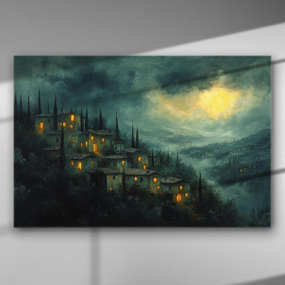 Night landscape with illuminated houses and a moonlight sky on canvas