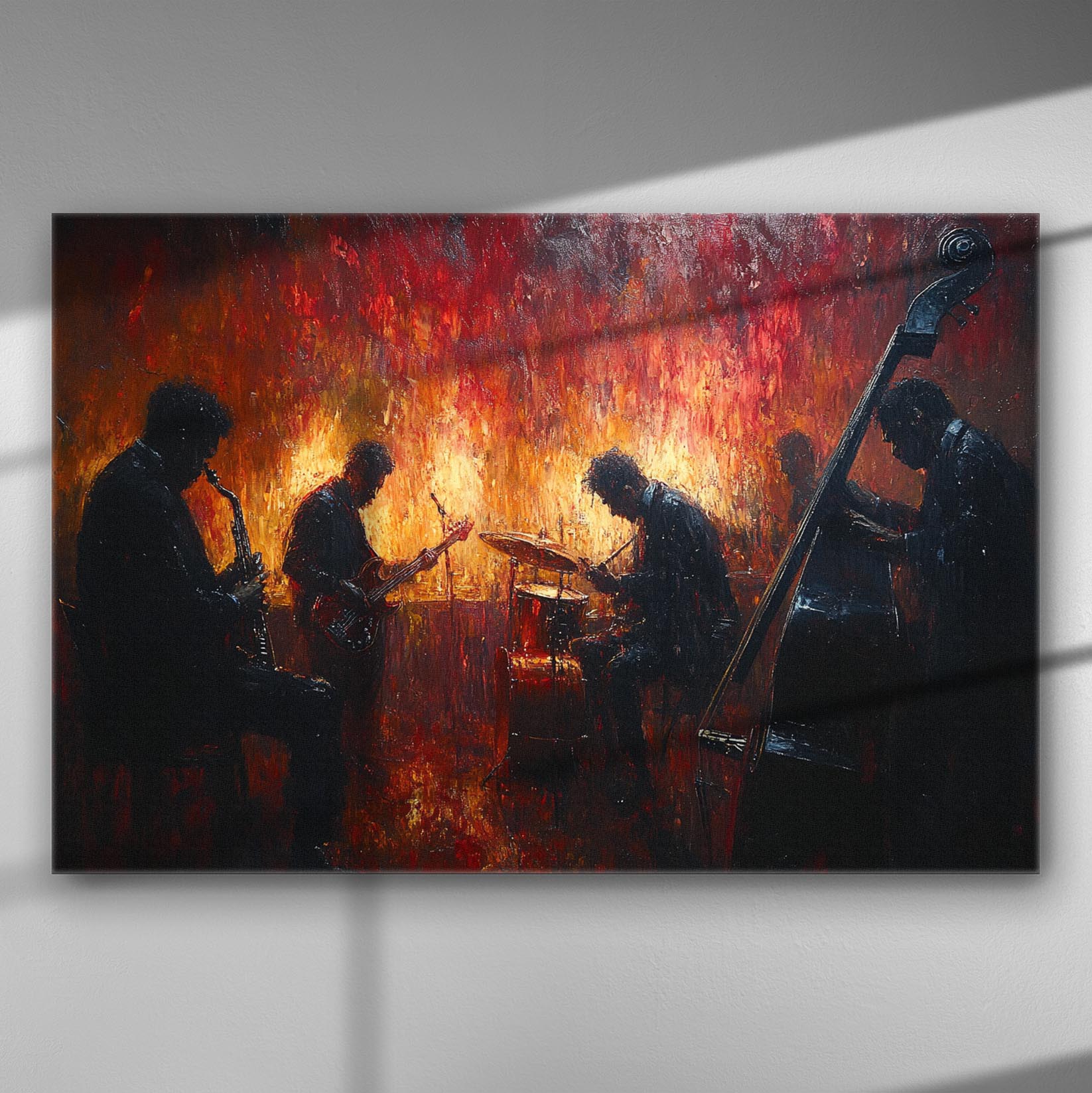 Jazz band playing with colorful background in vibrant reds and oranges.