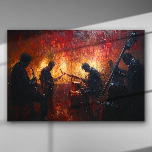 Jazz band playing with colorful background in vibrant reds and oranges.