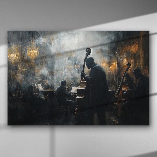 A moody jazz scene on canvas with musicians playing in a dimly lit setting.
