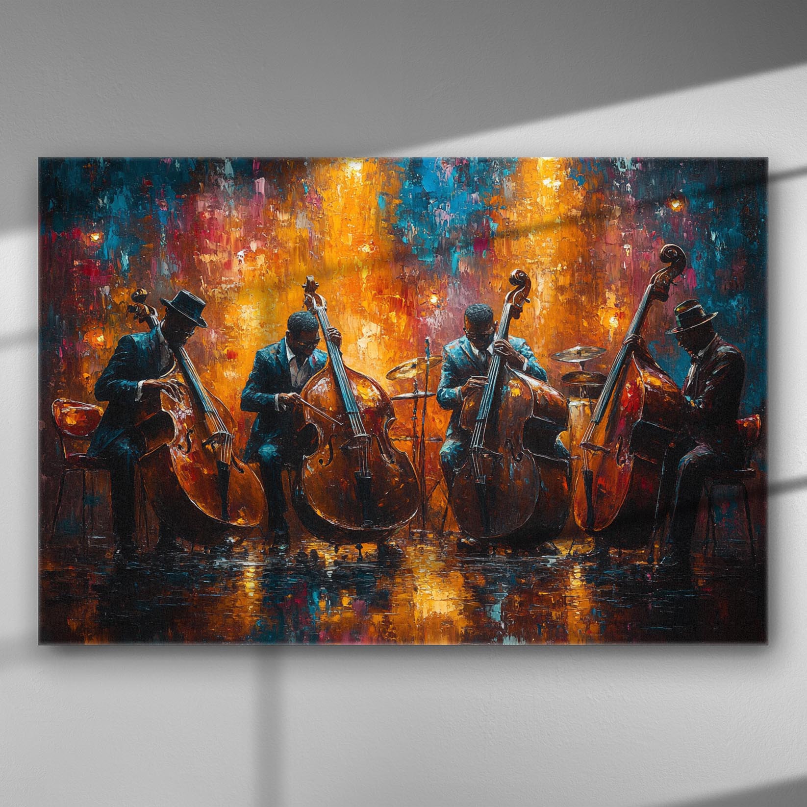 Painting of a music ensemble performing with vibrant colors and instruments, on canvas.