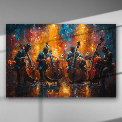 Painting of a music ensemble performing with vibrant colors and instruments, on canvas.