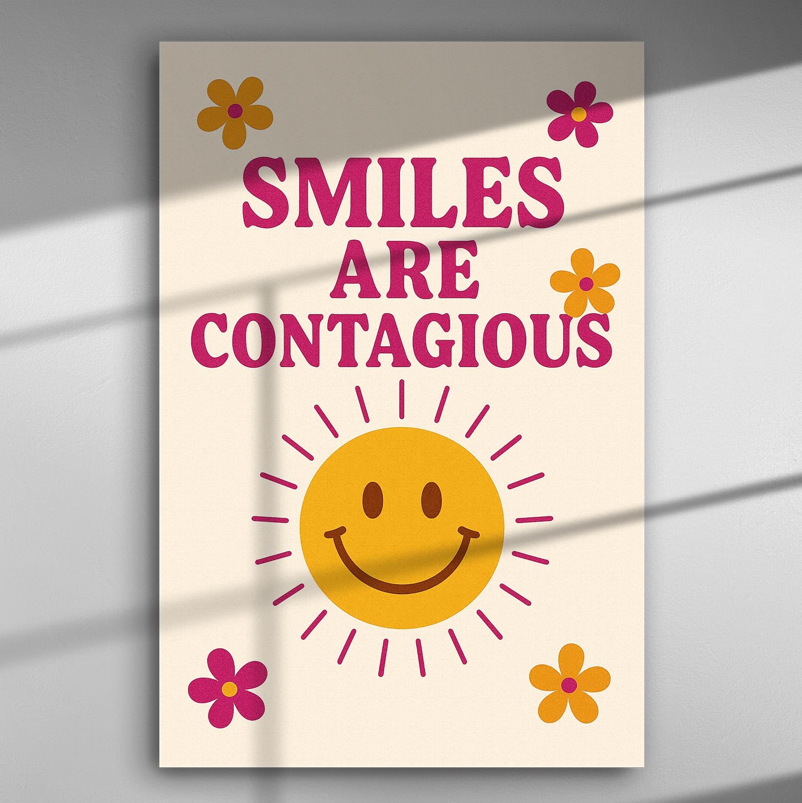 Canvas print with the text 'Smiles are Contagious' and a smiling sun surrounded by colorful flowers.