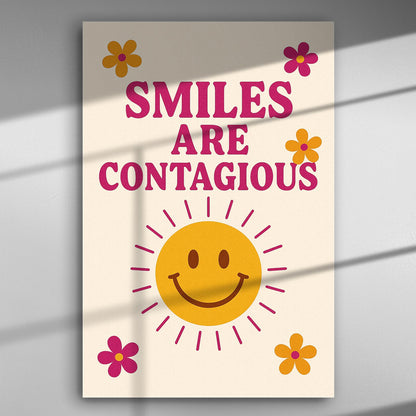 Canvas print with the text 'Smiles are Contagious' and a smiling sun surrounded by colorful flowers.