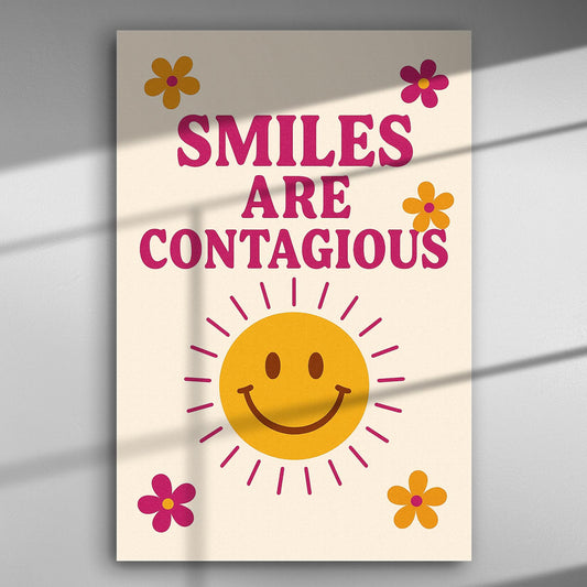 Canvas print with the text 'Smiles are Contagious' and a smiling sun surrounded by colorful flowers.