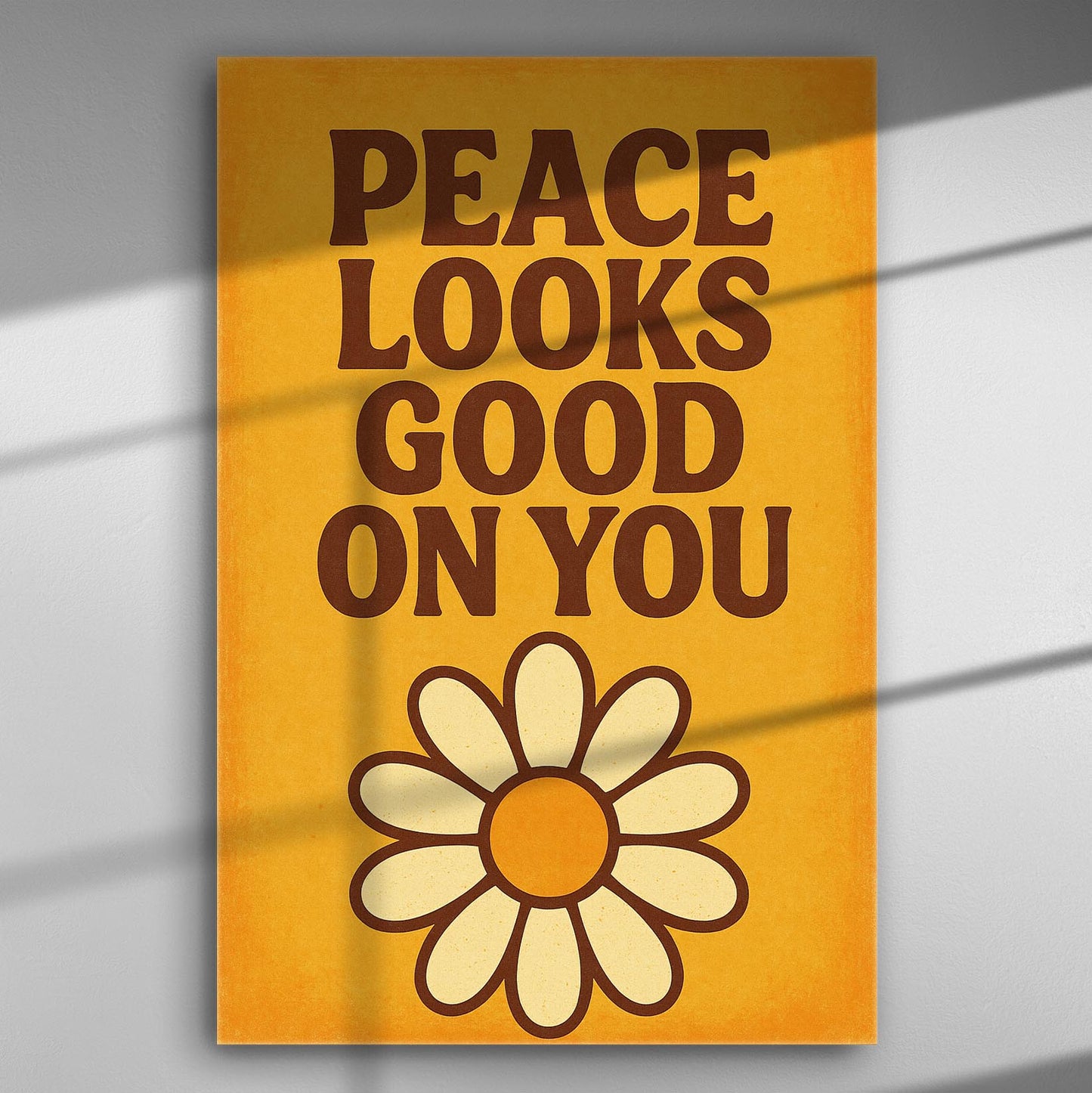 Canvas print with the text 'Peace Looks Good On You' and a simple flower design.