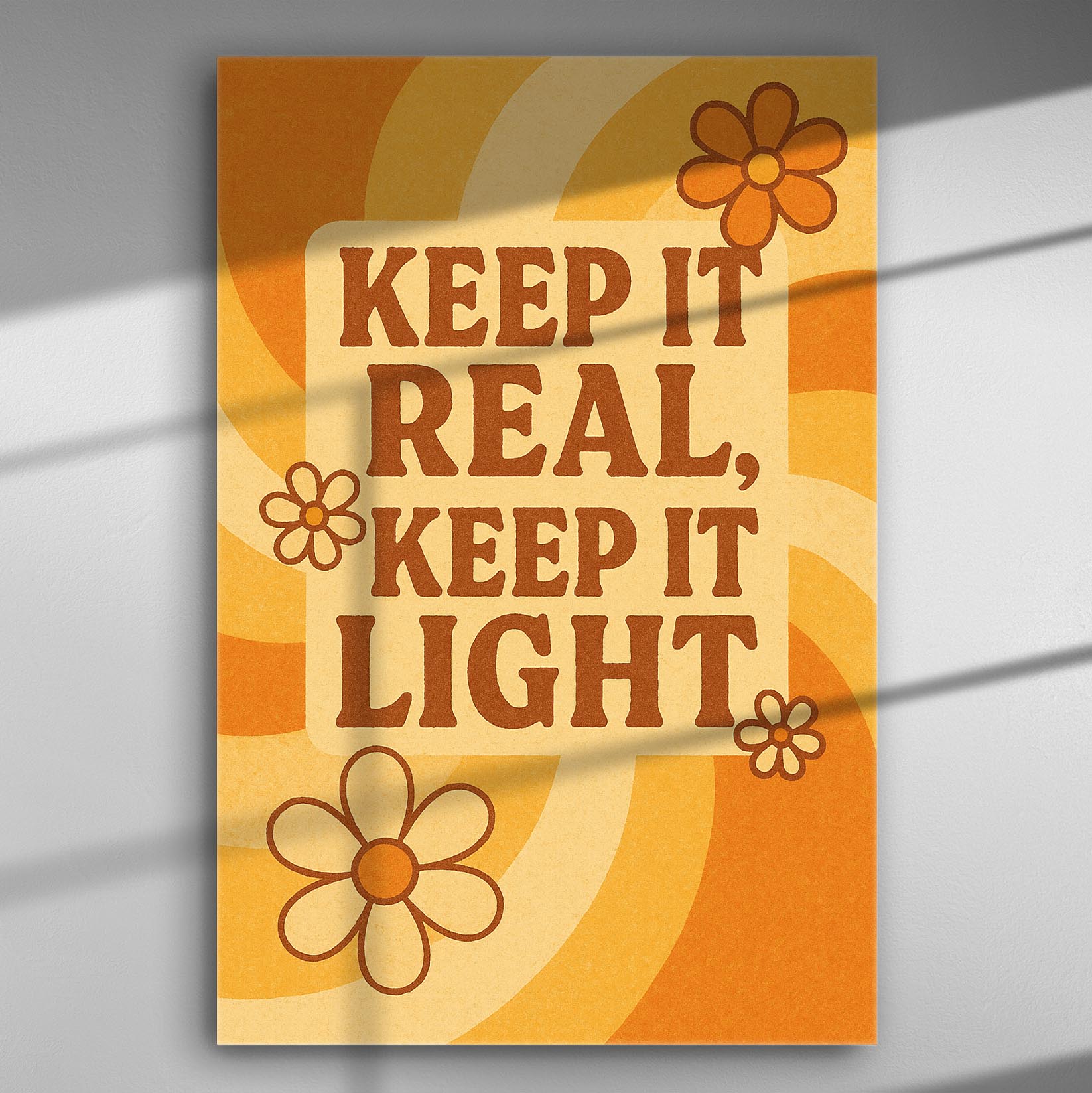 Vintage style canvas print with motivational quote 'Keep It Real, Keep It Light', featuring orange and yellow floral designs.