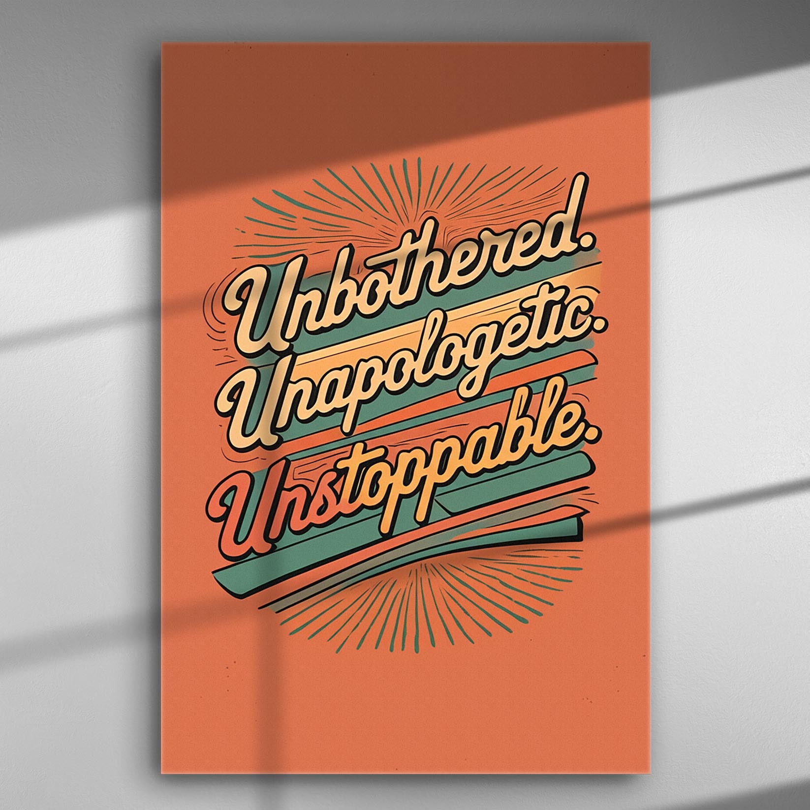 Motivational typography art with the phrases 'Unbothered. Unapologetic. Unstoppable.' on an orange background.