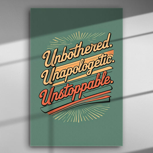 Inspirational canvas print with the words Unbothered, Unapologetic, Unstoppable in vibrant green, orange, and yellow.