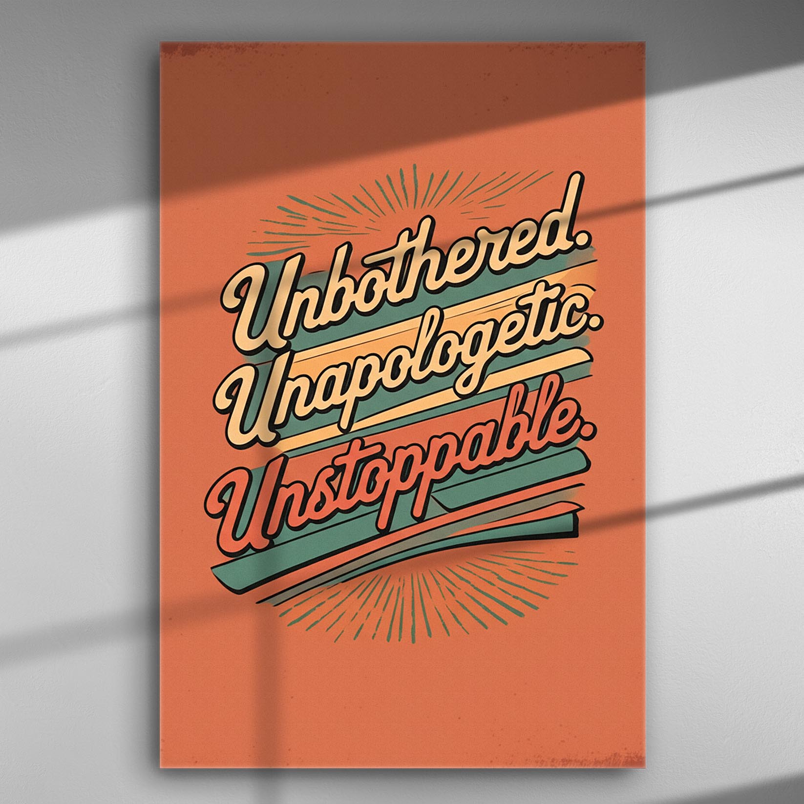 Canvas print with the text 'Unbothered. Unapologetic. Unstoppable.' on an orange background.