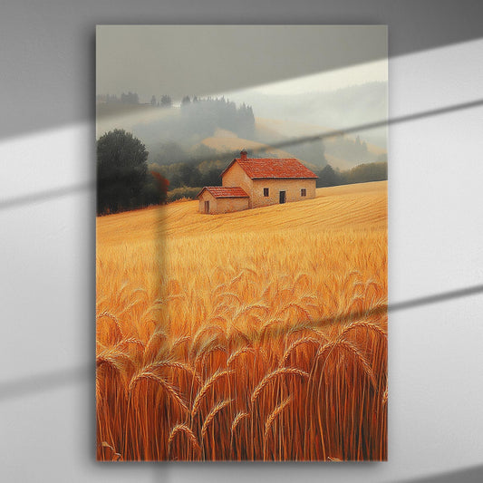 A rural landscape with a farmhouse surrounded by golden wheat fields under a misty sky.