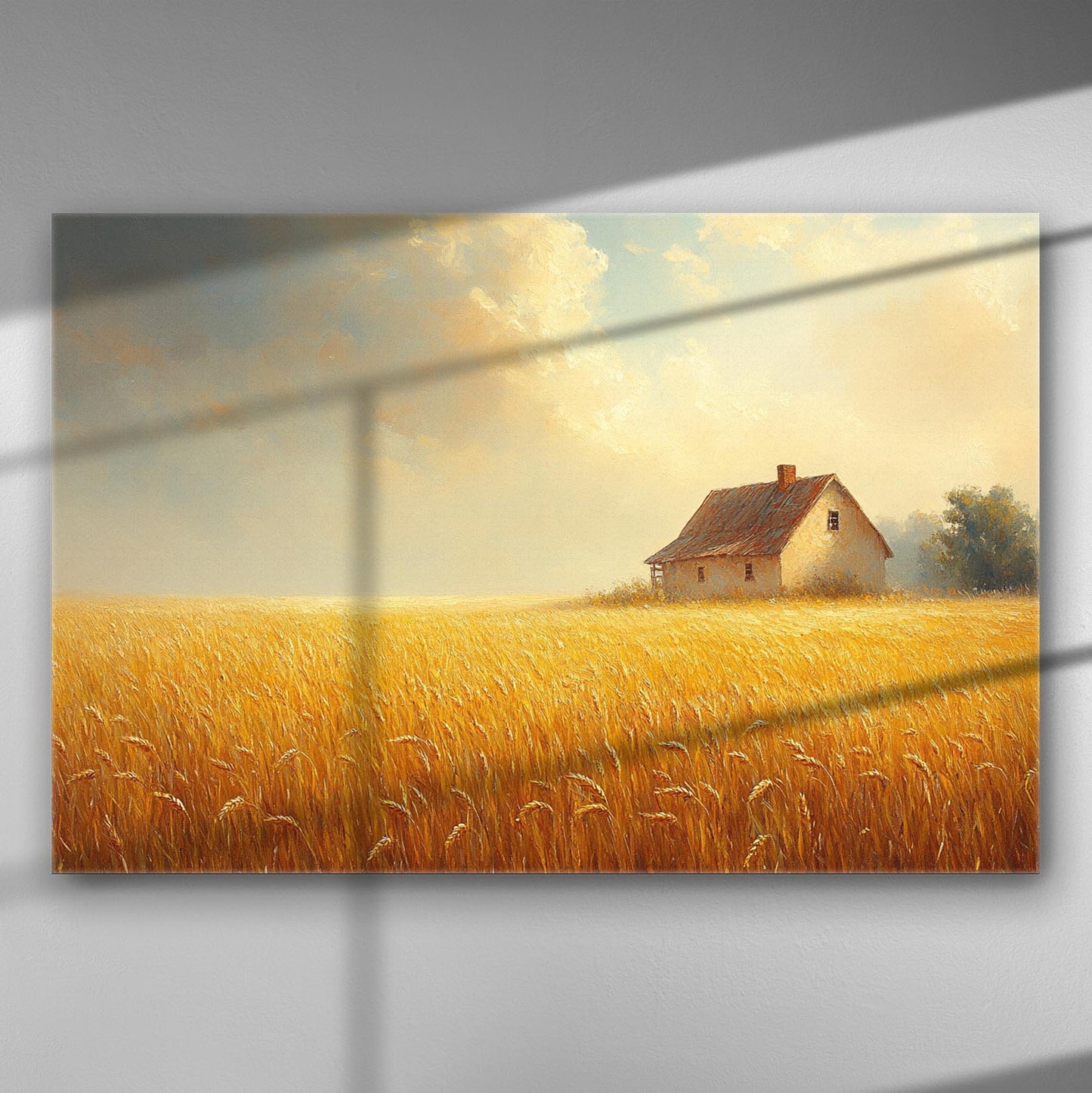 A serene landscape painting on canvas featuring a house in a golden wheat field under a sunny sky.