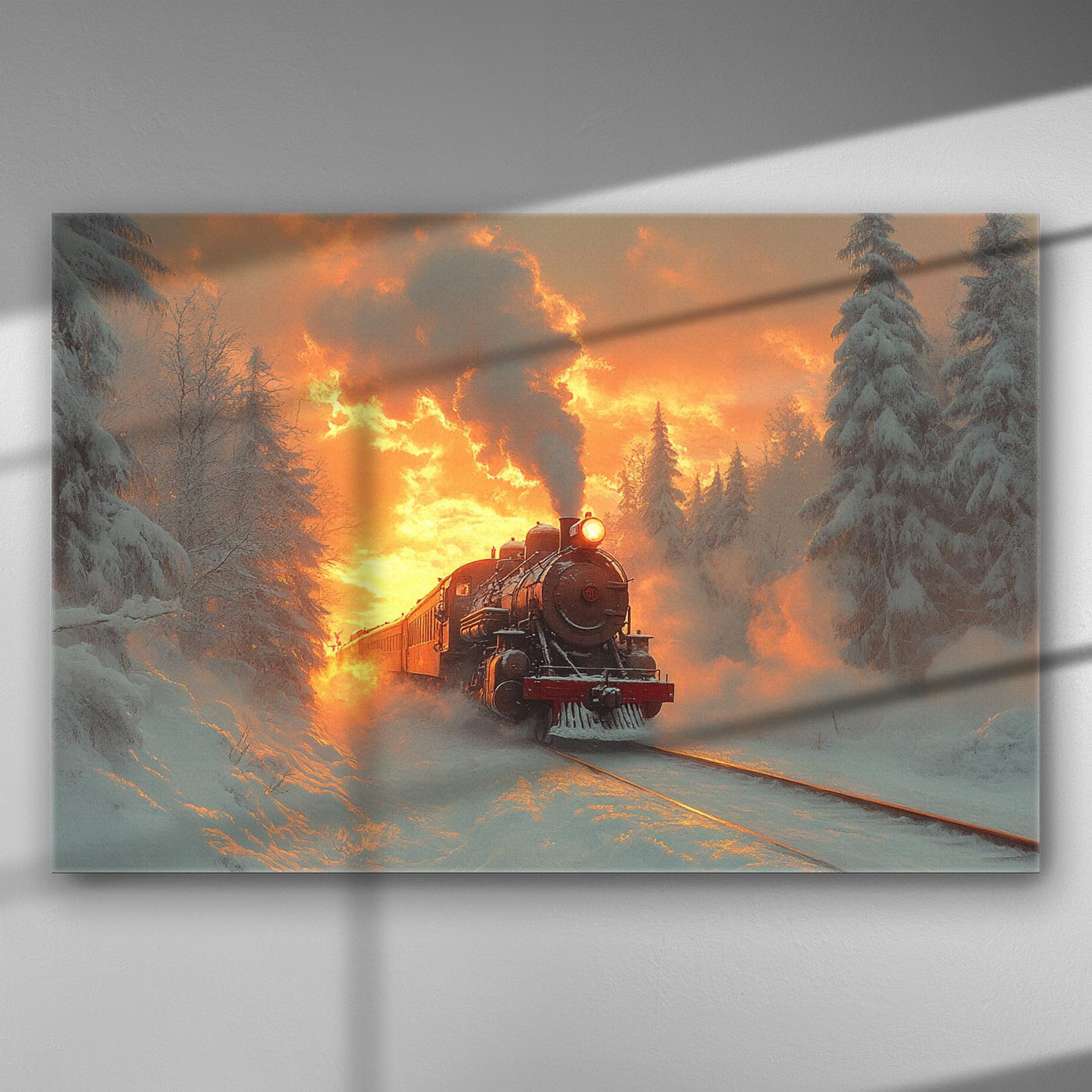 Steam train traveling through a snowy forest with a vibrant orange sky in the background.