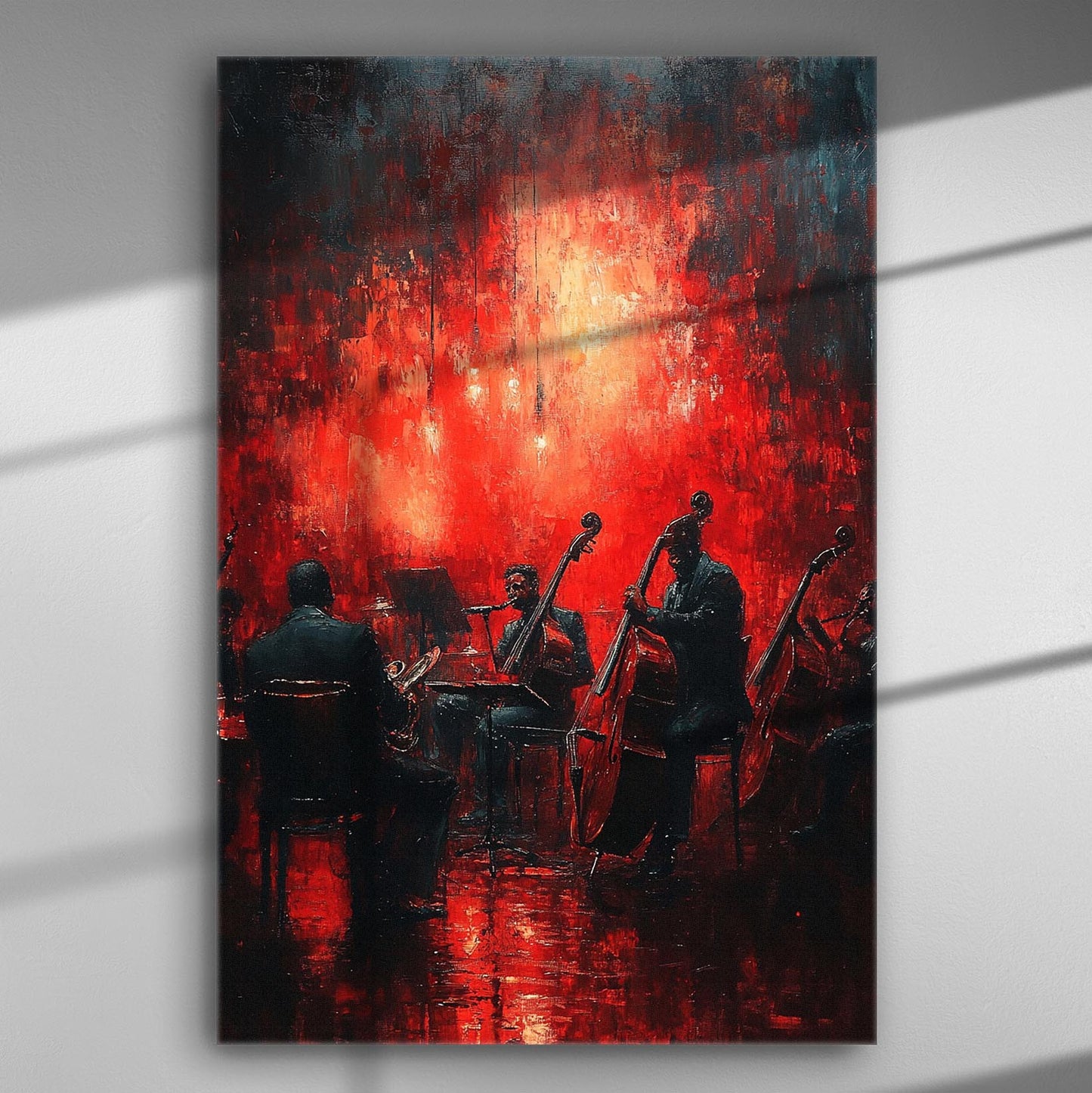 Jazz musicians performing with a vibrant red background on a canvas print.