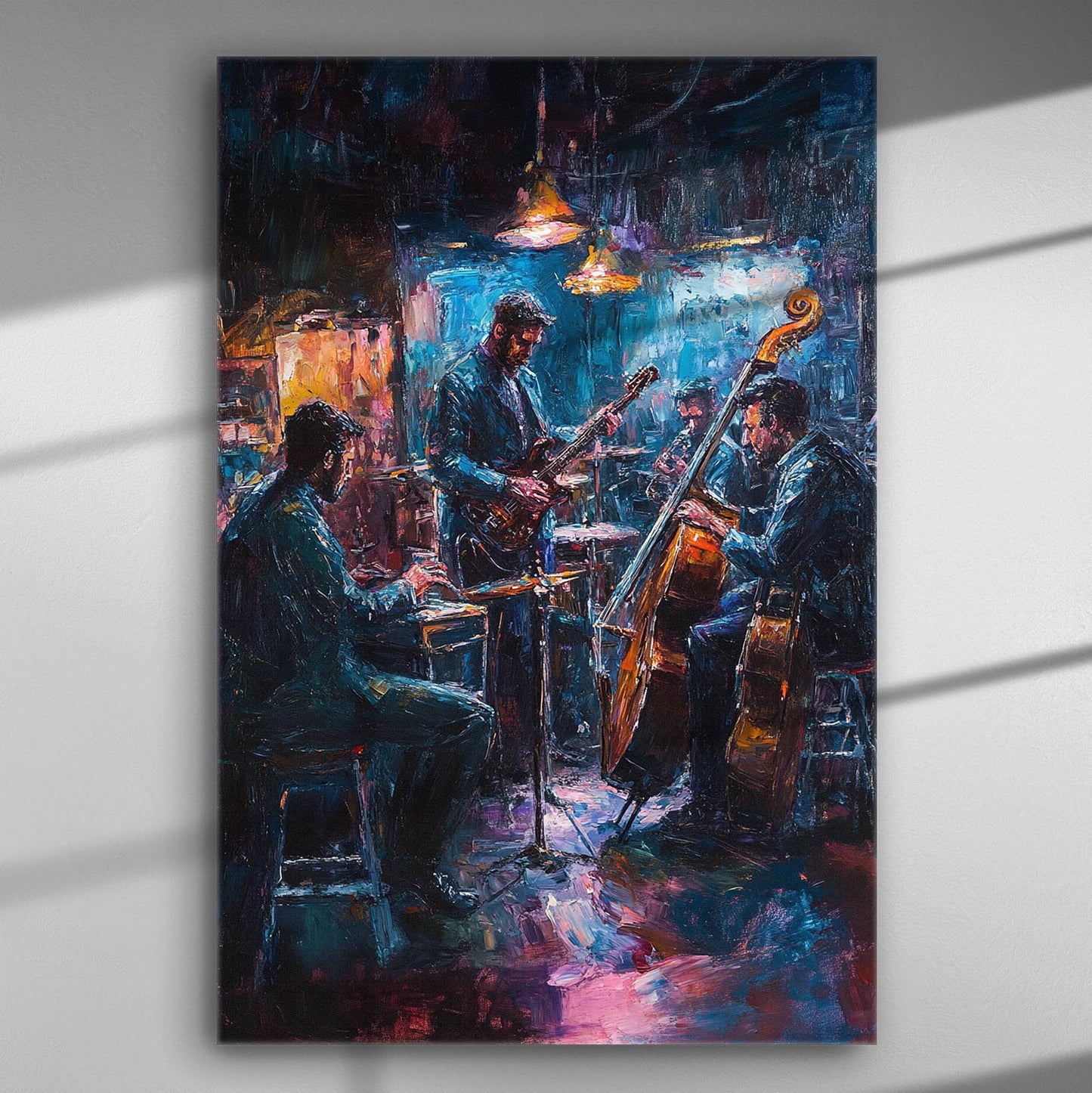 Jazz musicians playing instruments under warm lights in a lively night setting, captured on a canvas print.