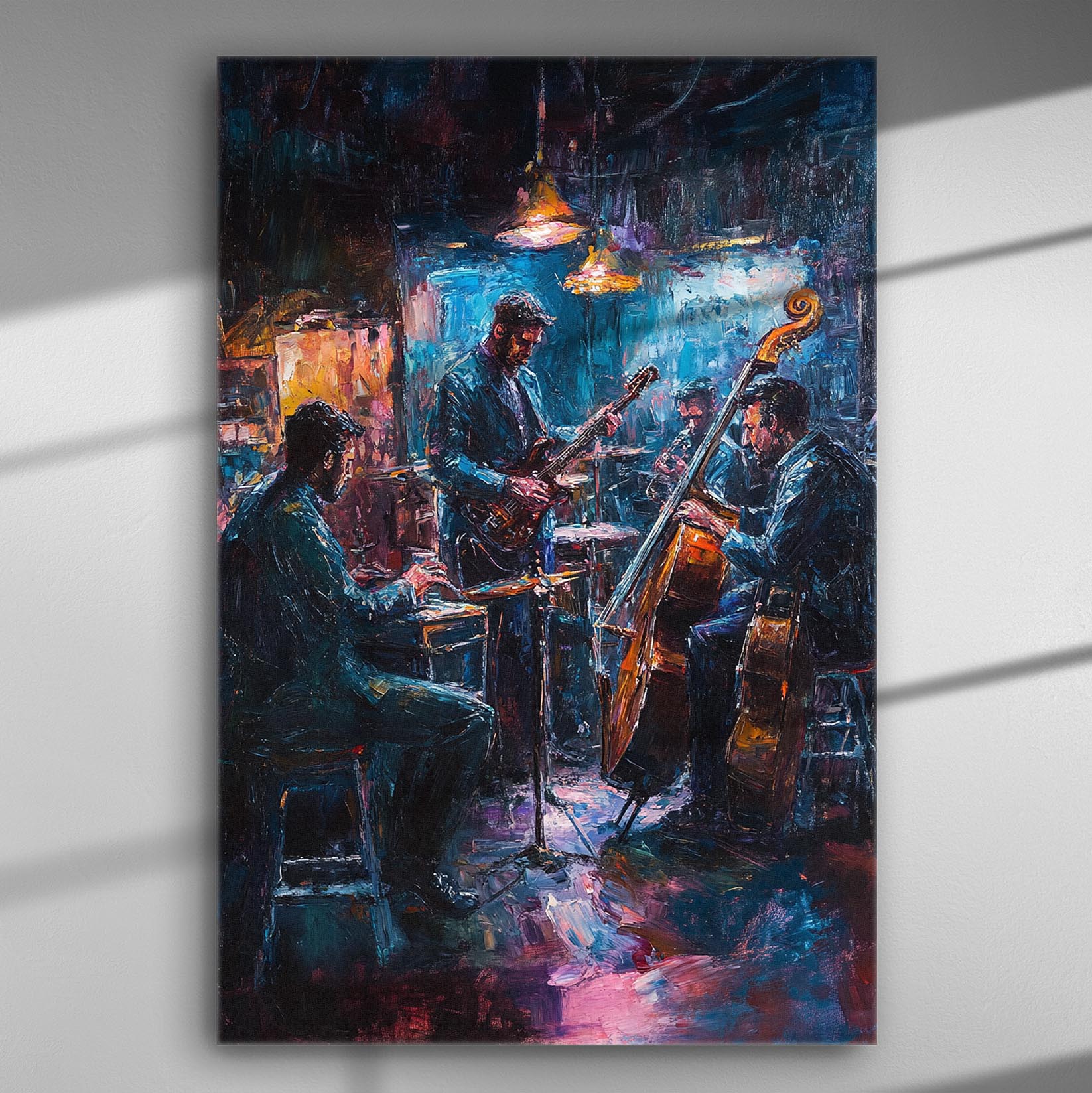 Jazz musicians playing instruments under warm lights in a lively night setting, captured on a canvas print.