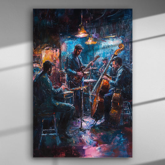 Jazz musicians playing instruments under warm lights in a lively night setting, captured on a canvas print.
