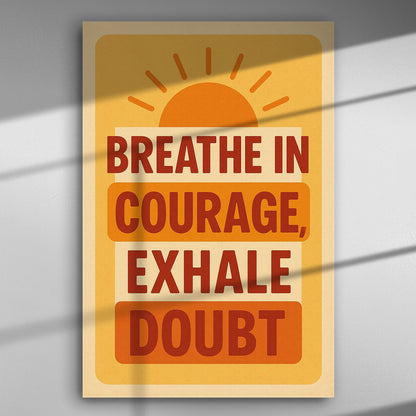 Inspirational canvas print with the quote 'Breathe in Courage, Exhale Doubt' in orange and yellow tones.