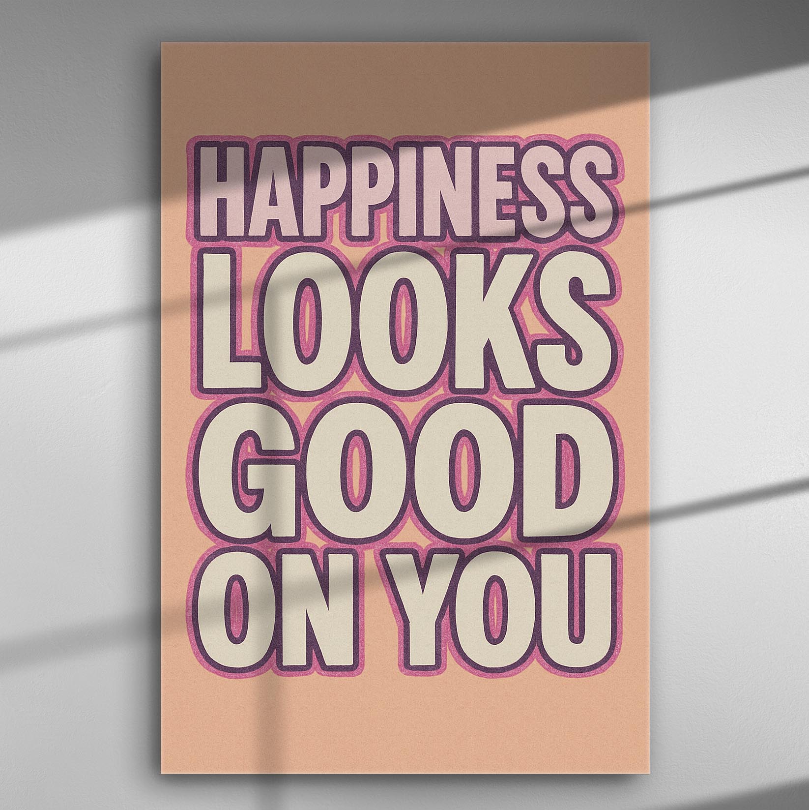Canvas with text 'Happiness looks good on you' in pink and purple shades
