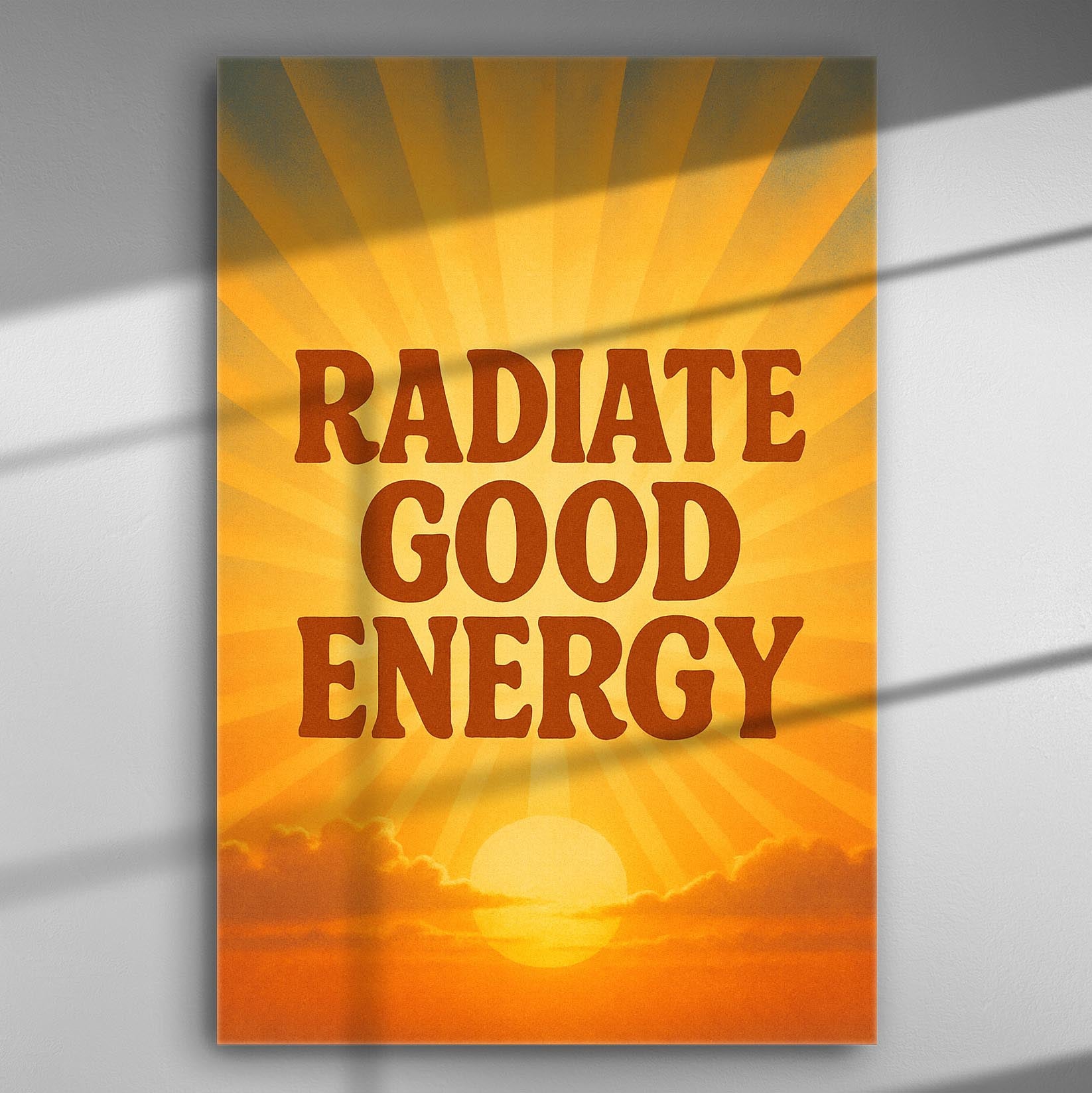 Typography art with the phrase 'Radiate Good Energy' in vibrant orange and yellow tones.