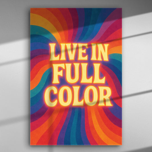 Canvas print with the text 'Live in Full Color' in vibrant rainbow colors and wavy background.