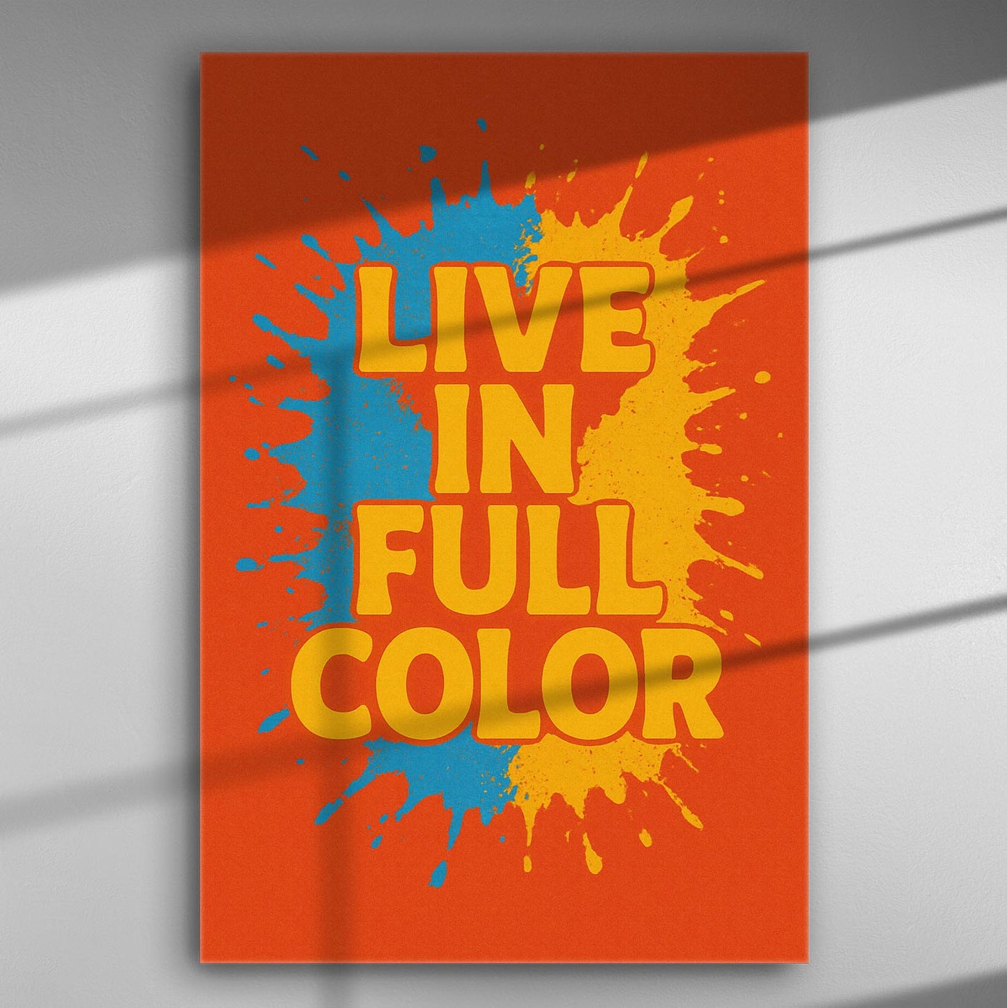 Bright splash art canvas with the phrase 'LIVE IN FULL COLOR' in vivid orange, yellow, and blue.