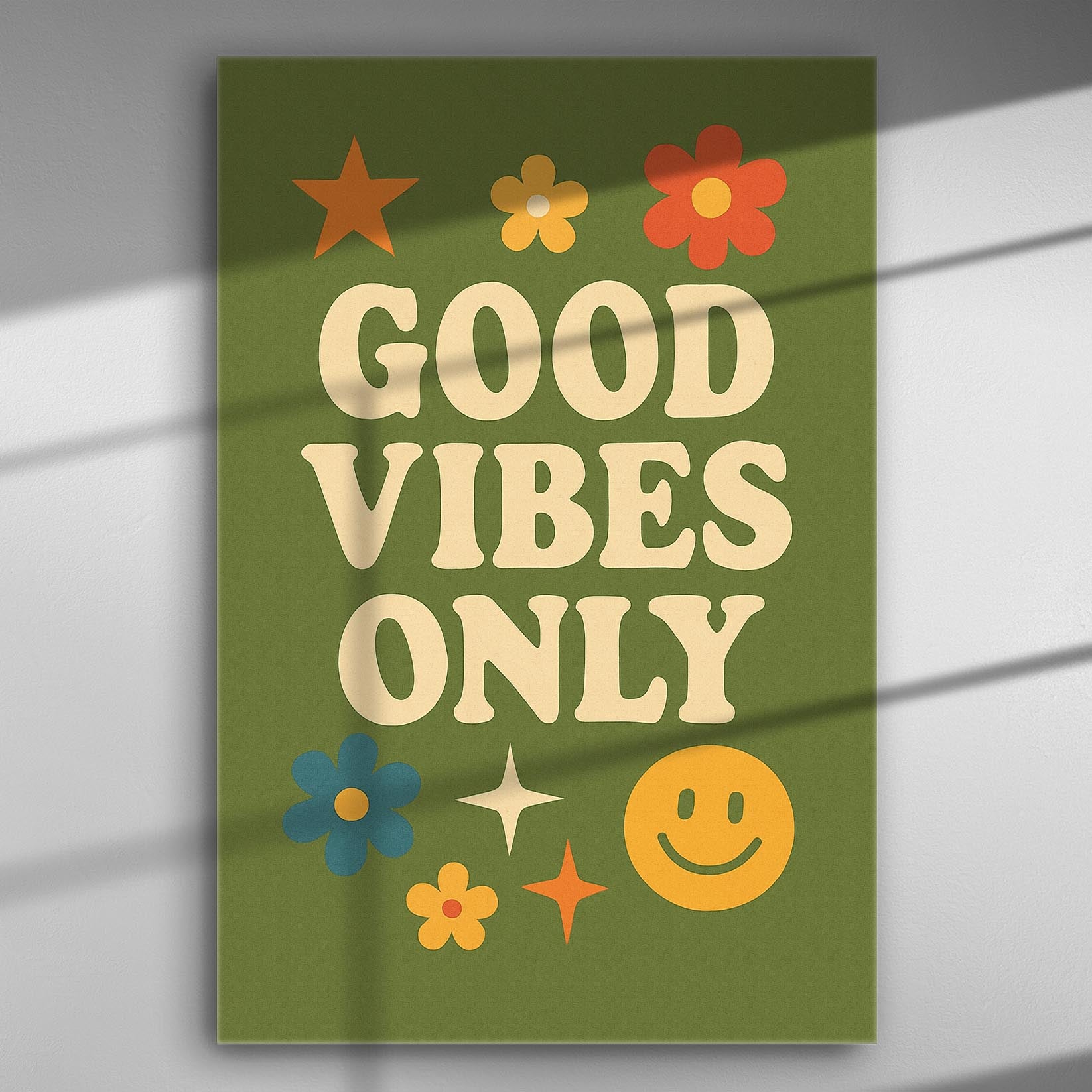 Canvas with 'Good Vibes Only' text, flowers, star, smiley face on green background.