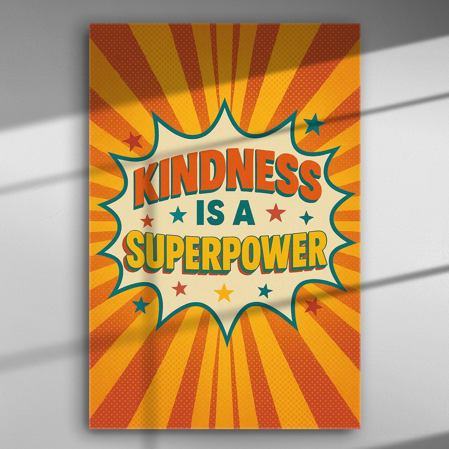 Bright pop-art style print on canvas with the text 'Kindness is a Superpower' surrounded by stars and rays.