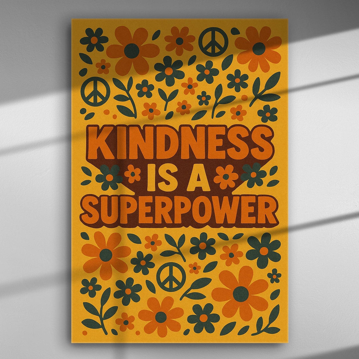 A canvas print with the words 'Kindness is a Superpower' surrounded by flowers and peace symbols.