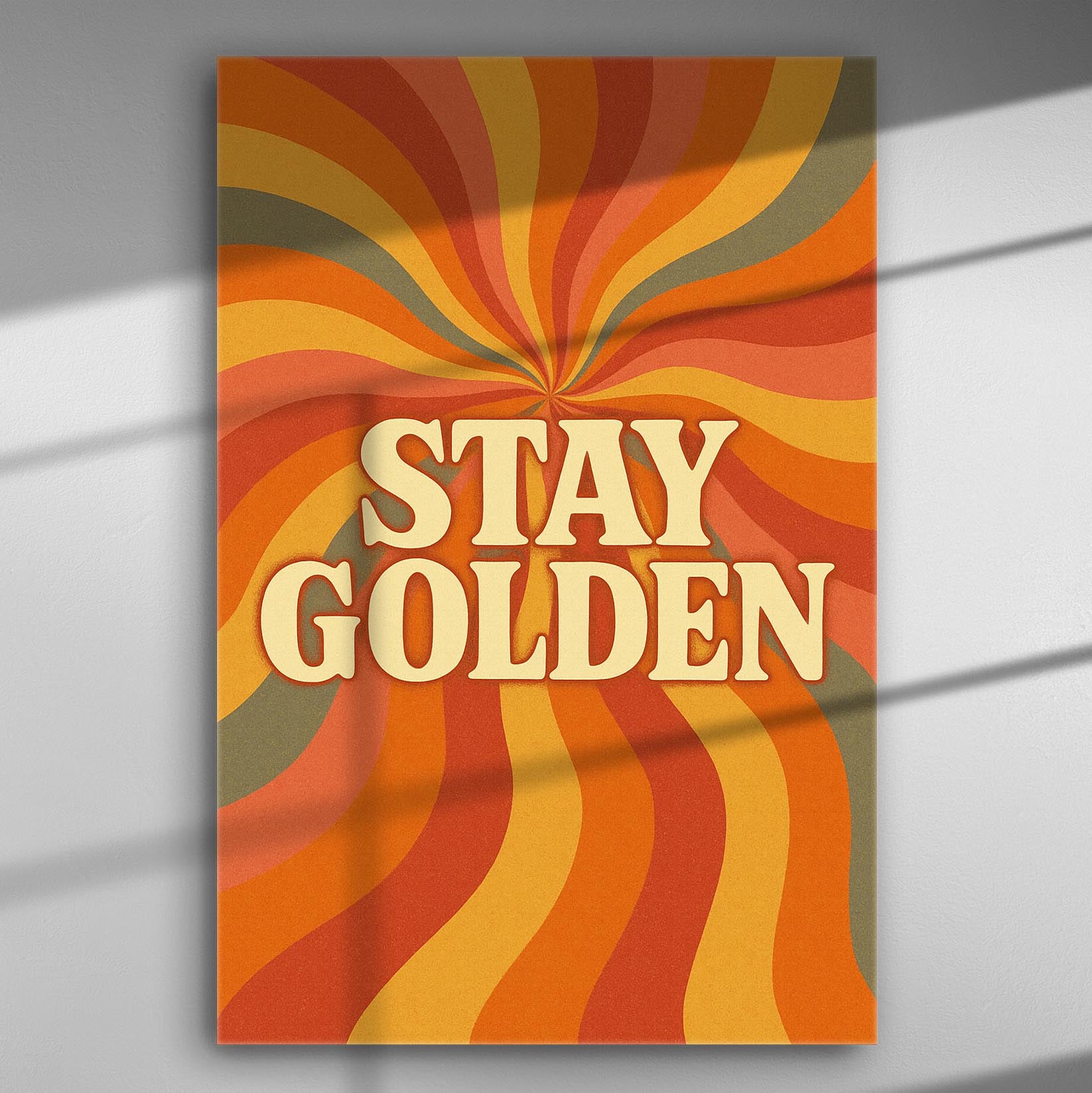 Retro psychedelic canvas art with the text 'Stay Golden' in bold colors.