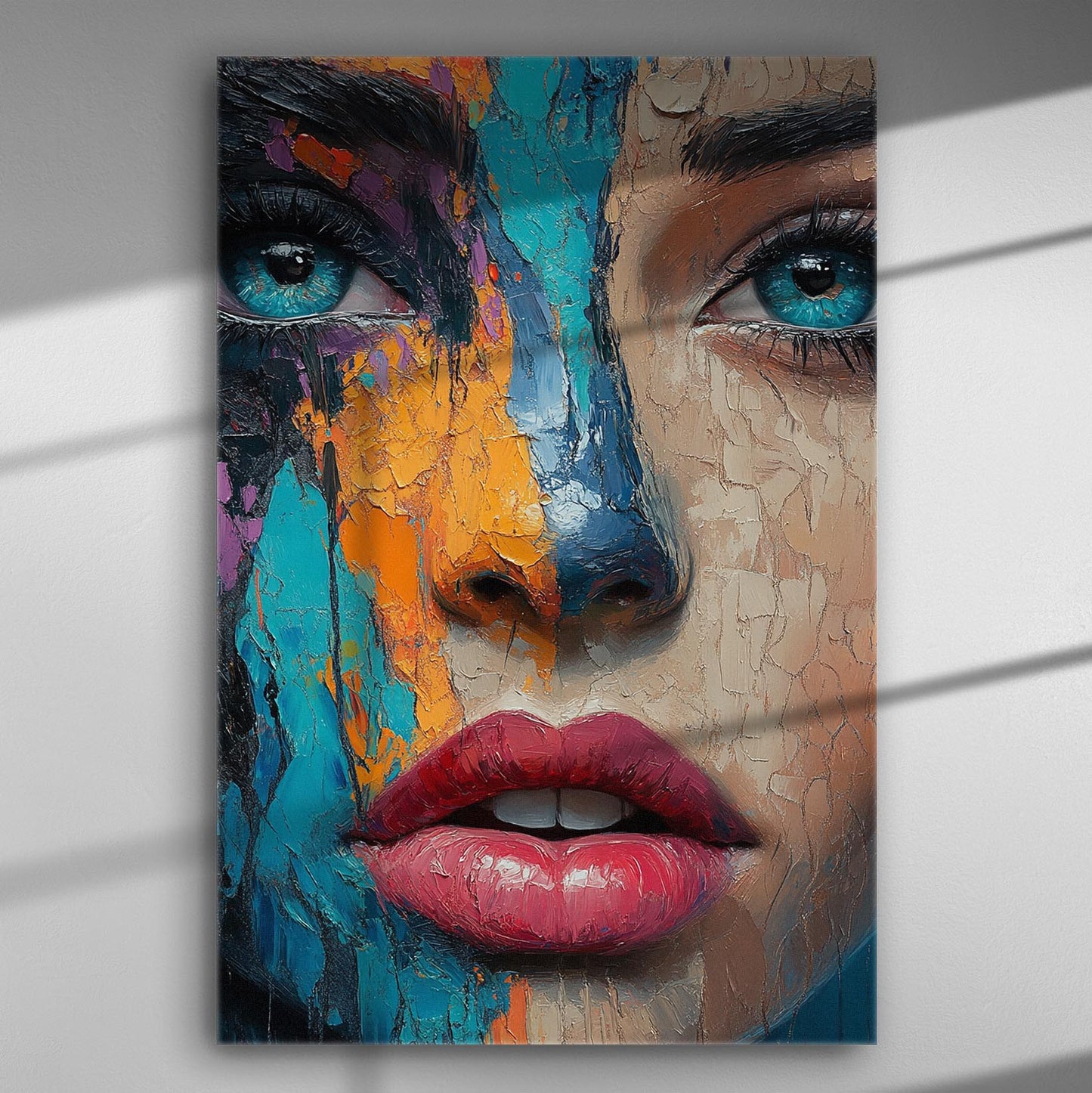 Close-up of a colorful face painting with vivid blue, orange, and pink hues on canvas