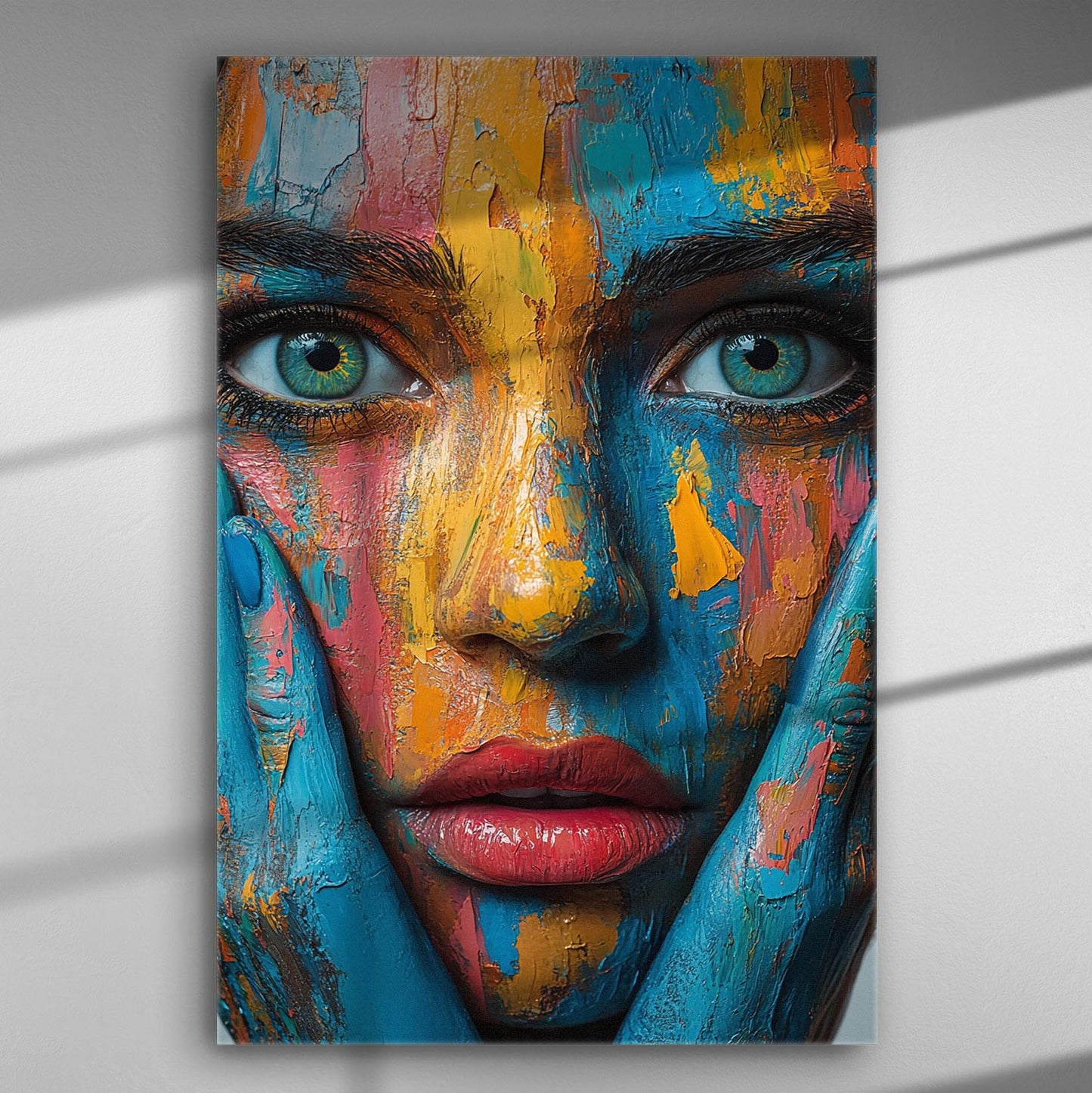 Colorful face with vibrant blue, yellow, and orange paint on canvas.