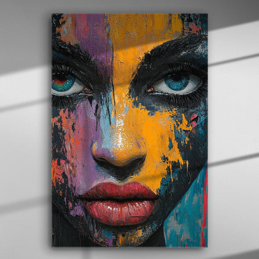 Abstract portrait canvas with vibrant colors, featuring a woman's face with expressive eyes.