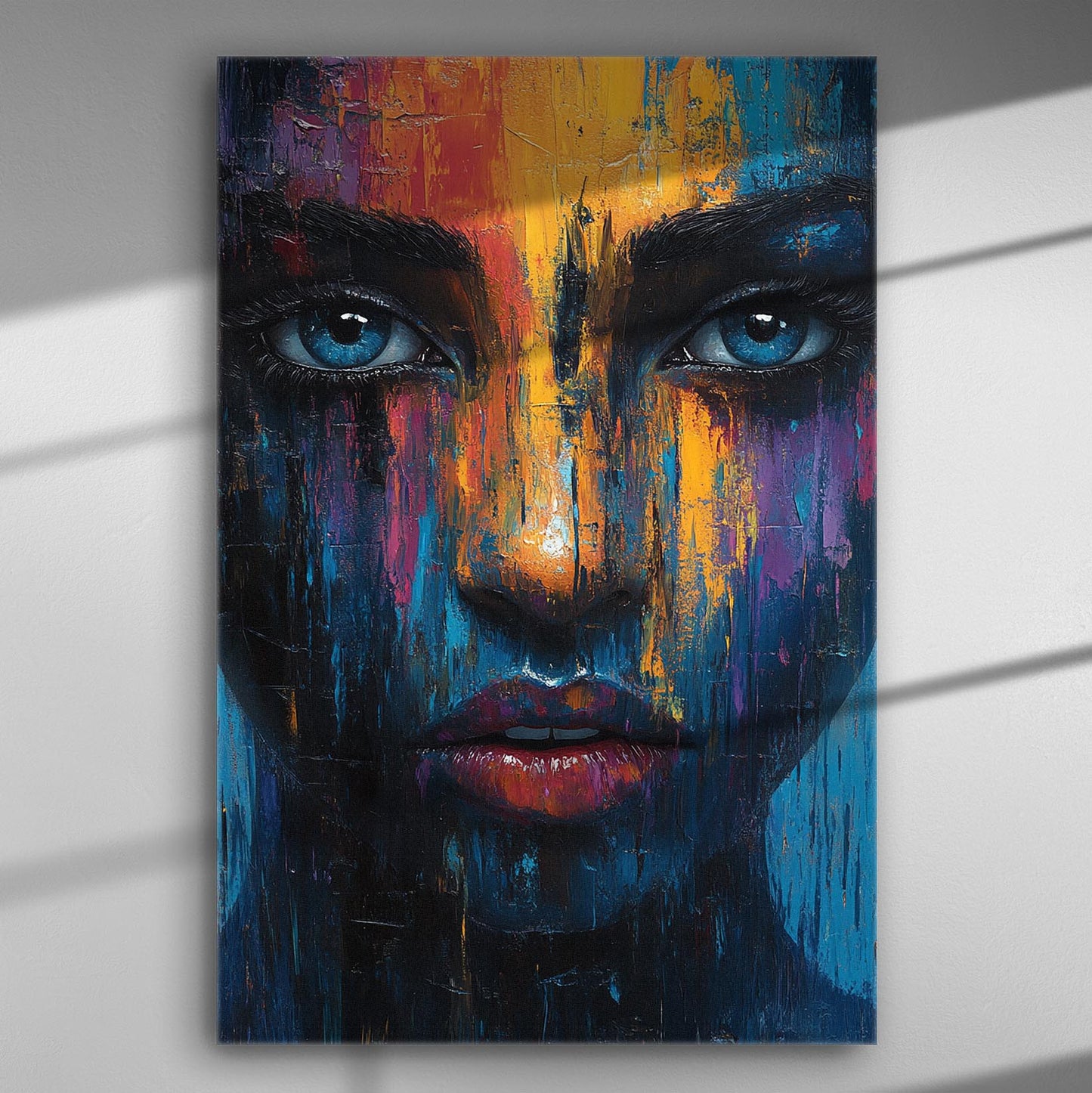 Vivid colors abstract face painting on canvas with intense expression and striking eyes.
