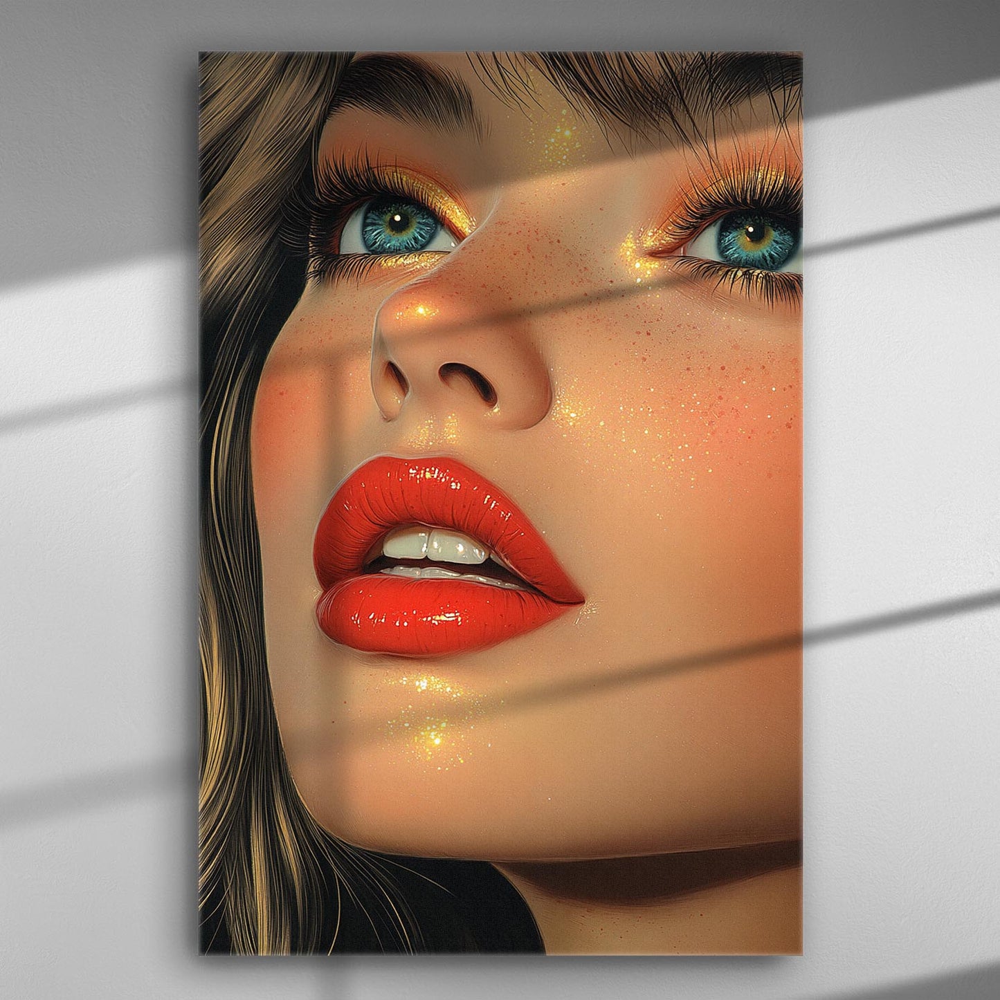 Close-up portrait of a woman's face with vivid red lips and captivating blue eyes, showing artistic attention to detail.