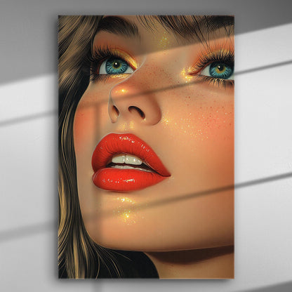 Close-up portrait of a woman's face with vivid red lips and captivating blue eyes, showing artistic attention to detail.