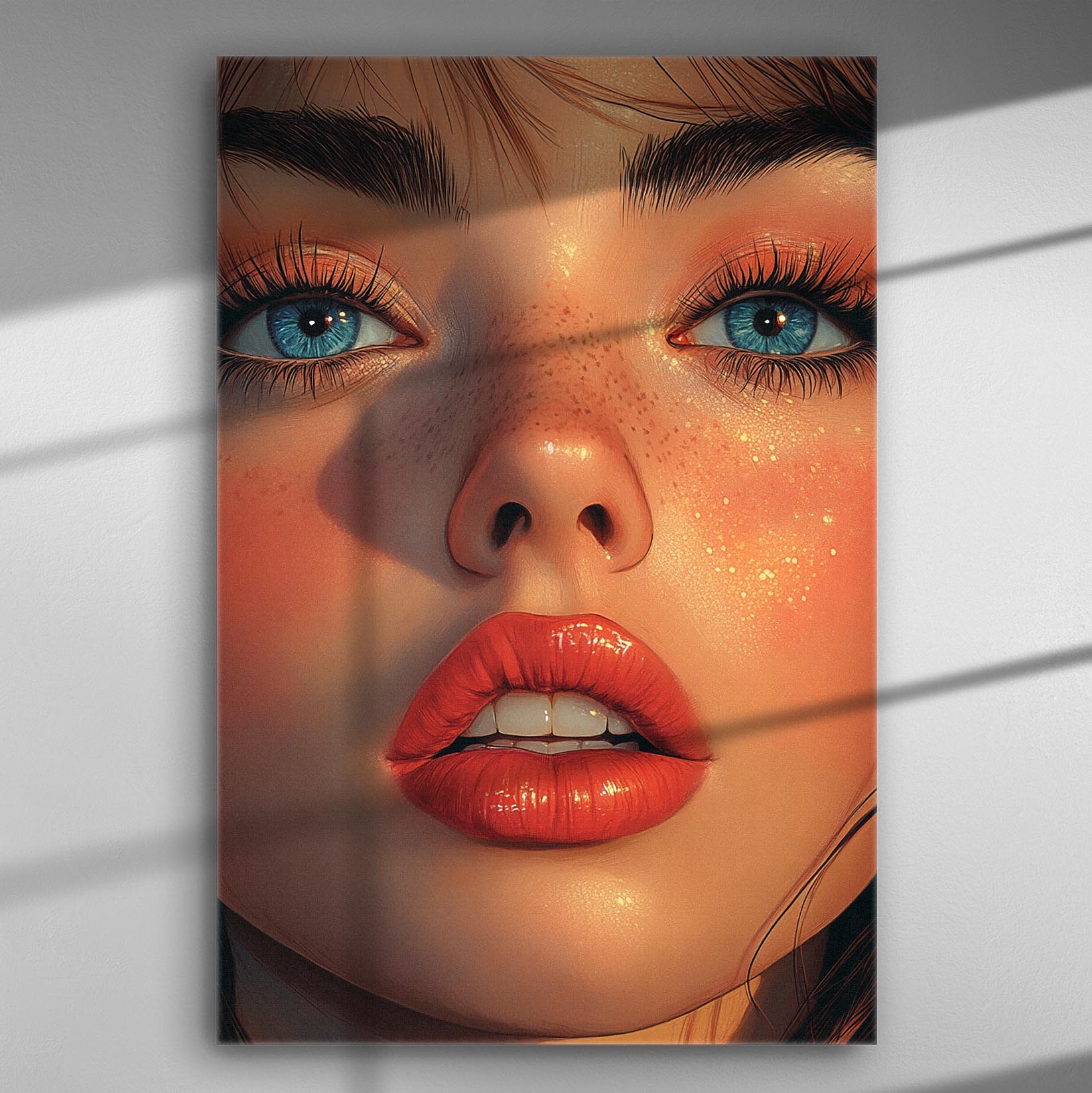Digital portrait of a woman's face with blue eyes and red lips on canvas