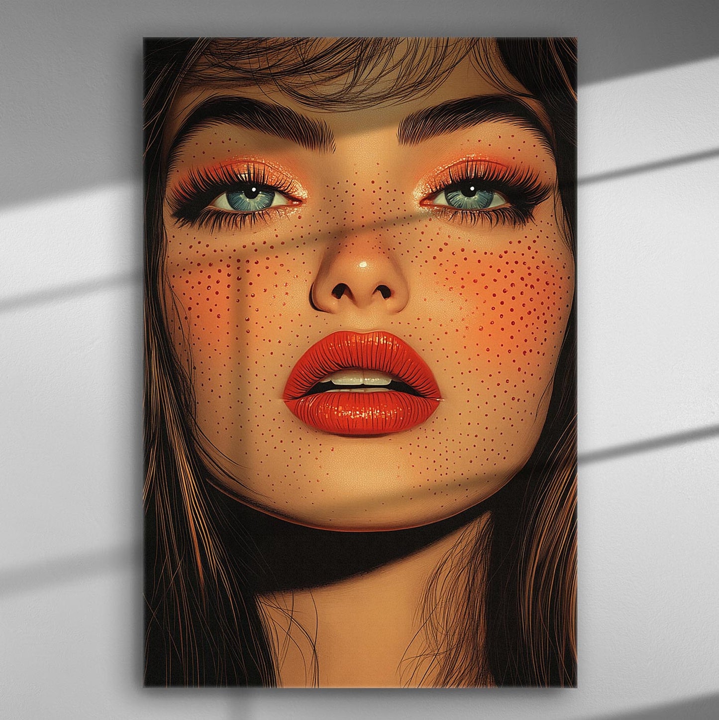 Vibrant portrait of a woman's face with red lips and blue eyes on canvas